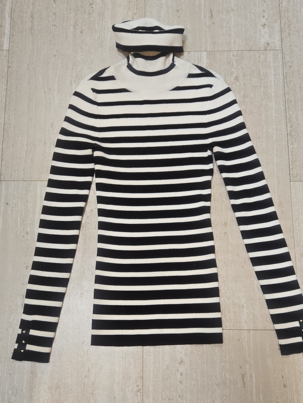 White House Black Market Black/White Striped Mini Ribbed Turtleneck Sweater